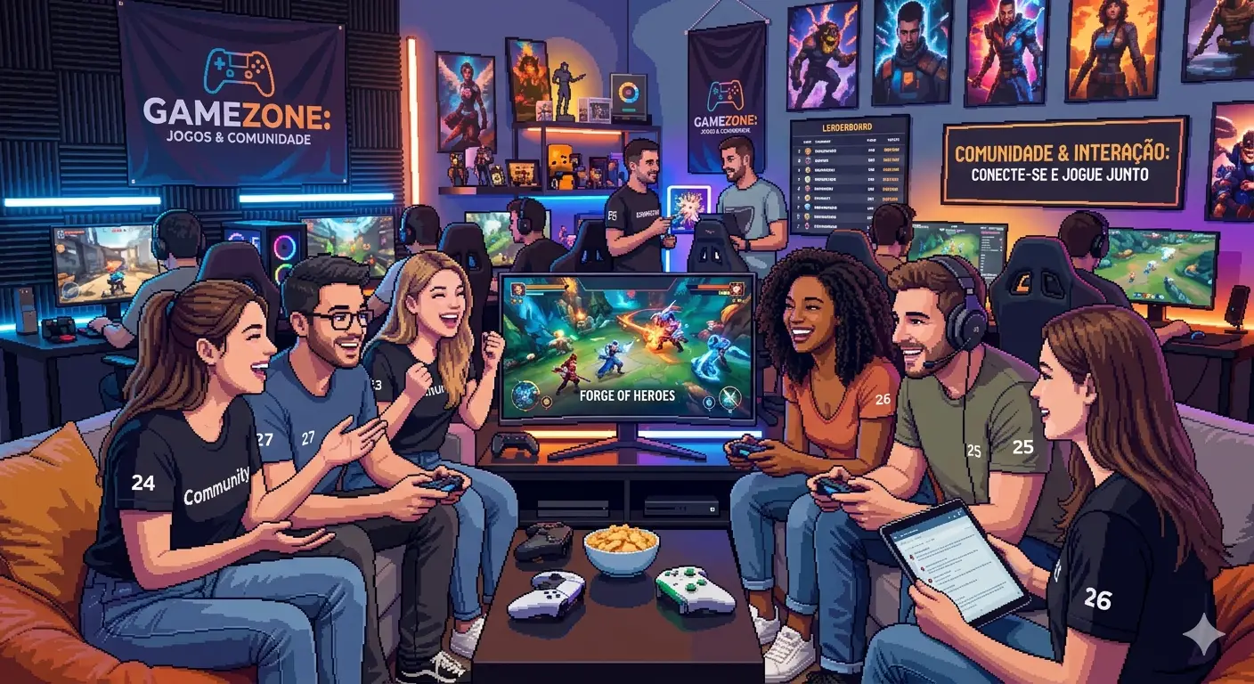 Criação de ilustração em pixel art para a GameZone, capturando a energia de uma comunidade de e-sports. A imagem destaca um ambiente vibrante de LAN party com jogadores interagindo em sofás e estações de PC, integrando elementos de marca, placares de líderes e posters de personagens.