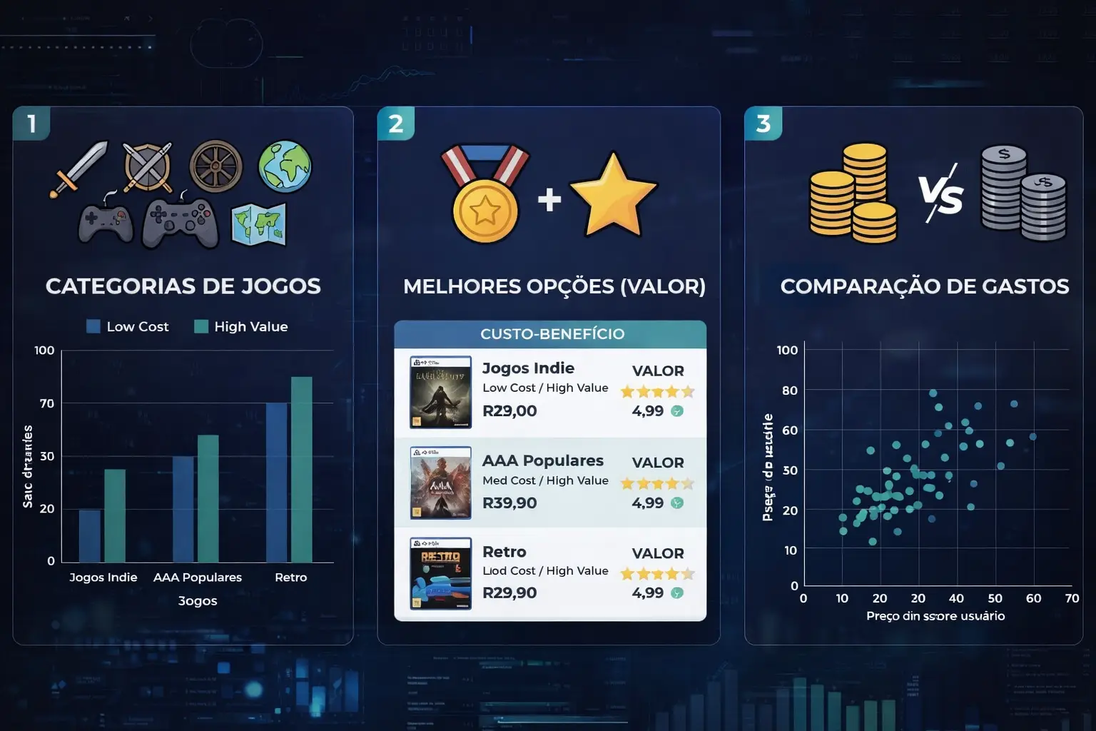 Painel visual de análise de custo-benefício de jogos dividido em três partes: à esquerda, gráfico de barras comparando jogos indie, AAA e retro por custo e valor; ao centro, lista de jogos com preços e avaliações destacando melhores opções; à direita, gráfico de dispersão mostrando a relação entre preço e nota dos usuários, com fundo escuro estilo tecnologia.