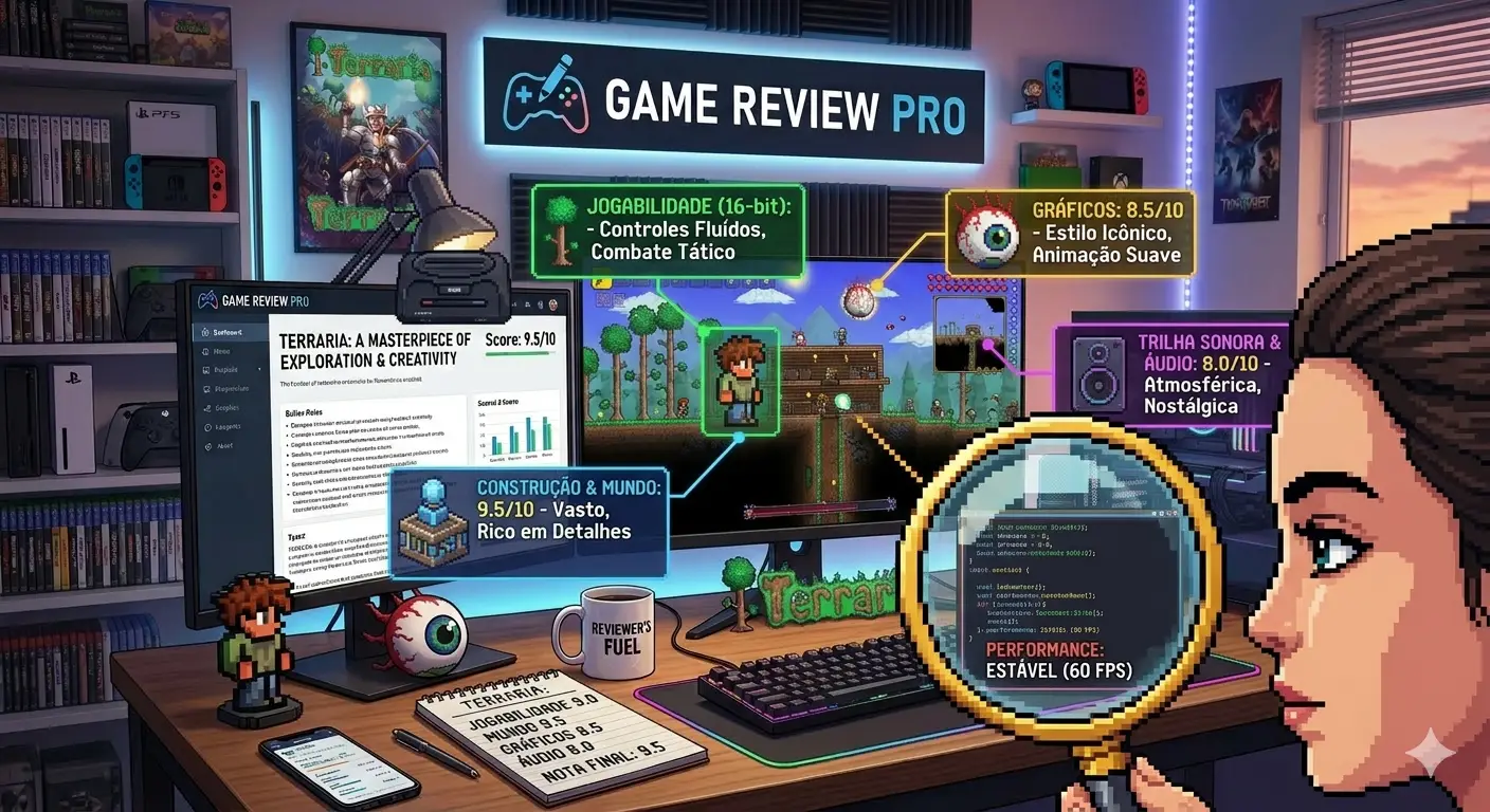 Ilustração em pixel art de uma mesa de trabalho de um crítico de jogos. Uma mulher observa monitores que exibem uma análise detalhada de Terraria, com janelas flutuantes indicando notas para jogabilidade, gráficos e som. Uma lente de aumento destaca o código e a performance estável de 60 FPS, enquanto a prateleira ao fundo exibe consoles e jogos clássicos.