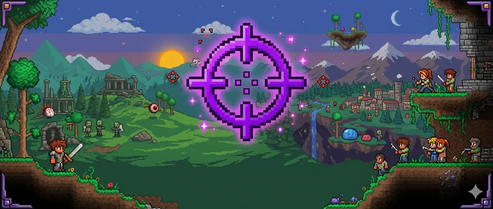 Ilustração em pixel art de um jogo 2D estilo Terraria, com vários personagens armados explorando um cenário com florestas, ruínas, vilarejo e montanhas ao fundo, inimigos espalhados como zumbis e criaturas, e uma grande mira roxa luminosa destacada no centro da imagem.