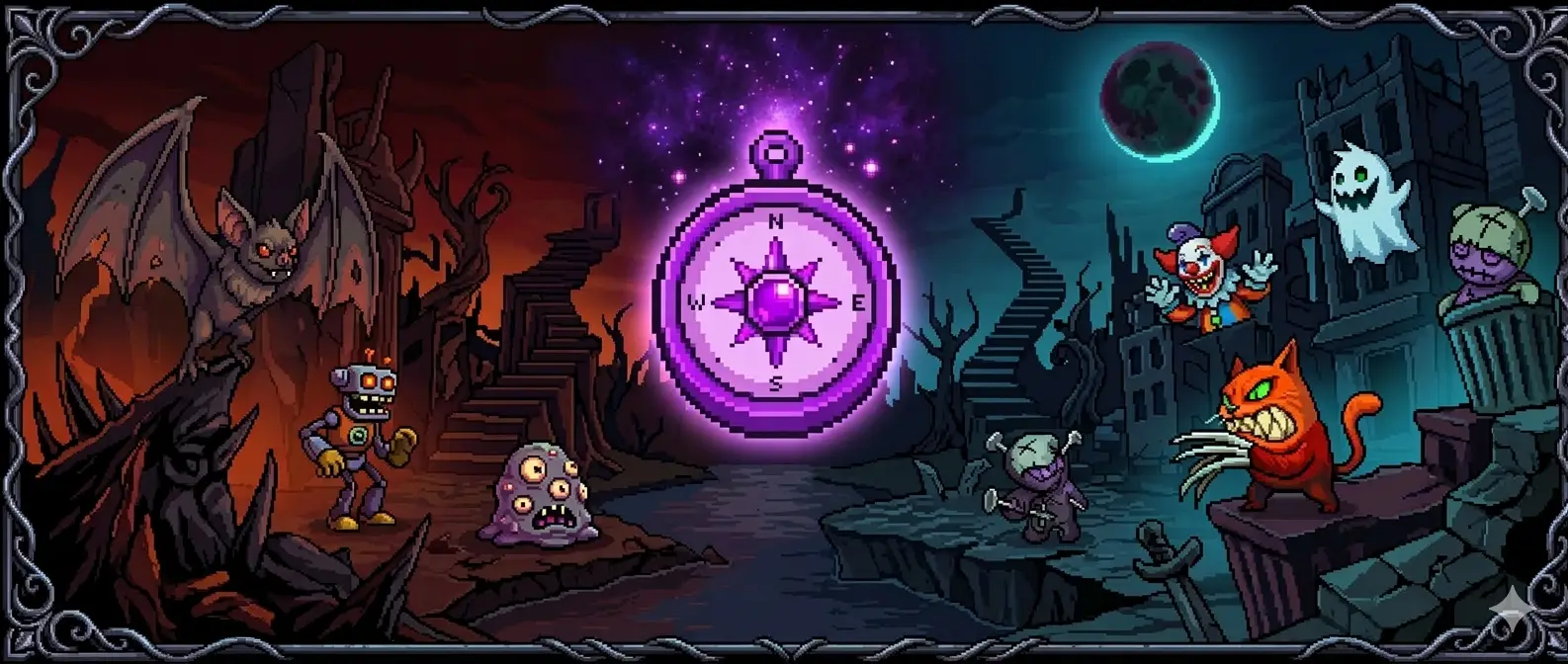 Banner em pixel art com moldura ornamental. No centro, uma bússola roxa brilhante divide dois mundos: à esquerda, um cenário vulcânico com morcego gigante, robô e monstro de lama; à direita, uma cidade abandonada sob o luar com um palhaço sinistro, gato mutante e fantasmas.