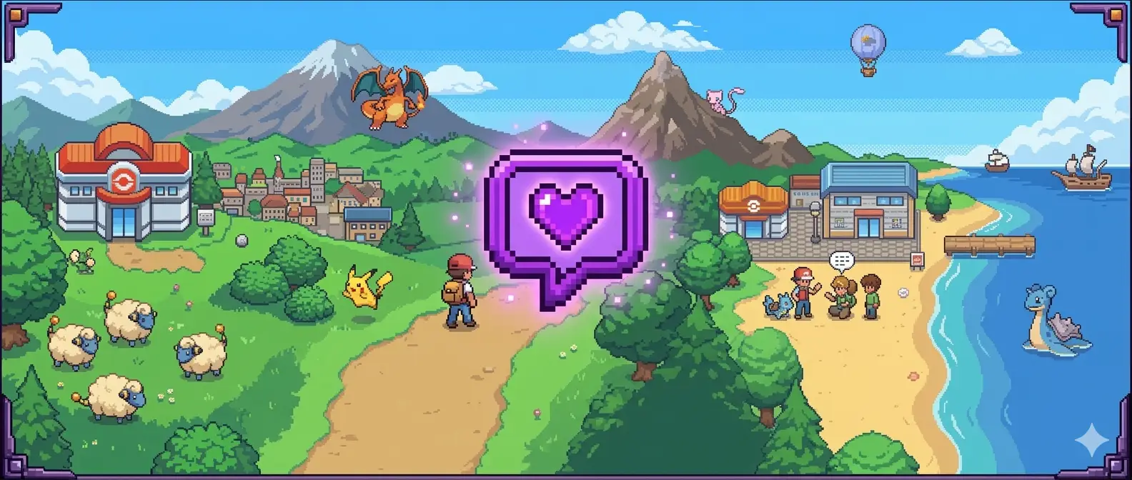 Ilustração pixel art de um mundo de bolso com montanhas, vilas e uma praia. Inclui personagens icônicos como Pikachu e Charizard, além de um ícone flutuante de 'like' roxo no centro, representando a interação social dos jogadores.